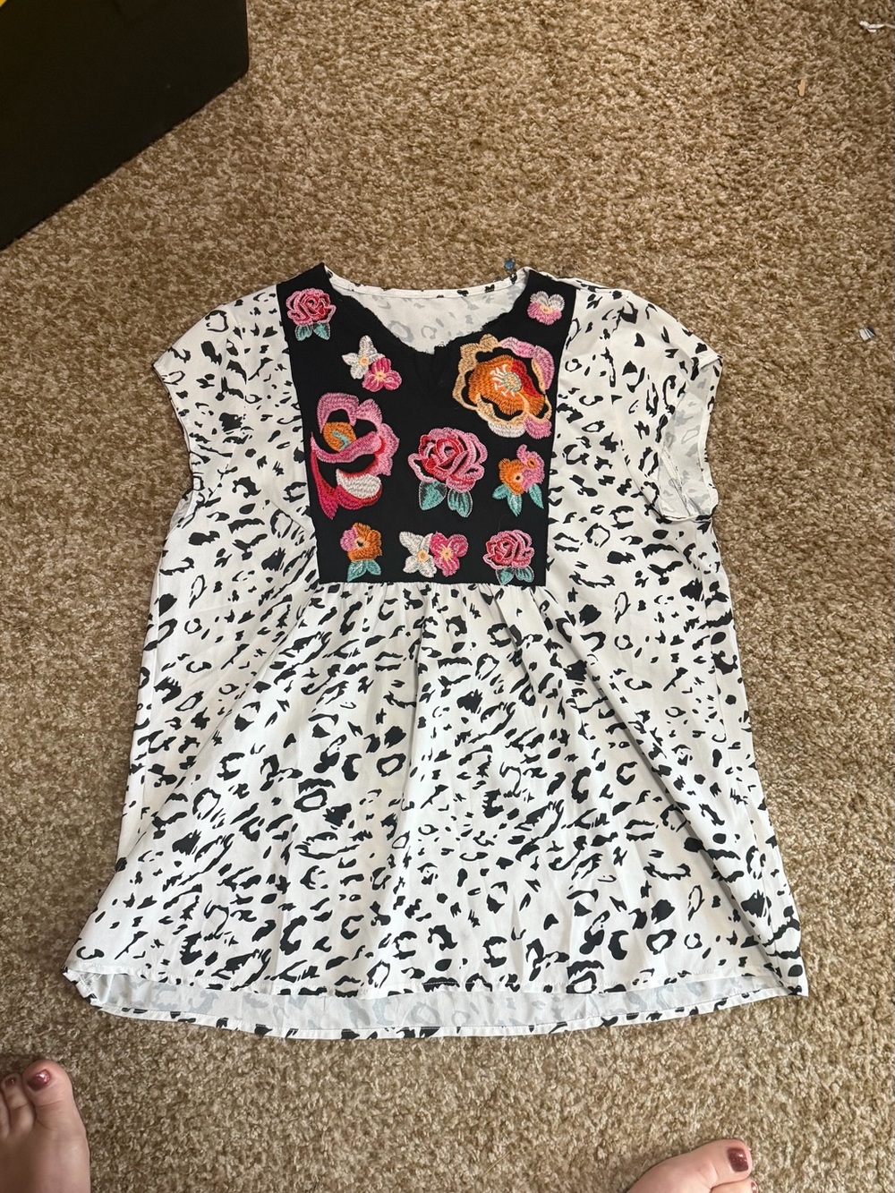 Girls Black & White Floral Embroidered Animal Print Top